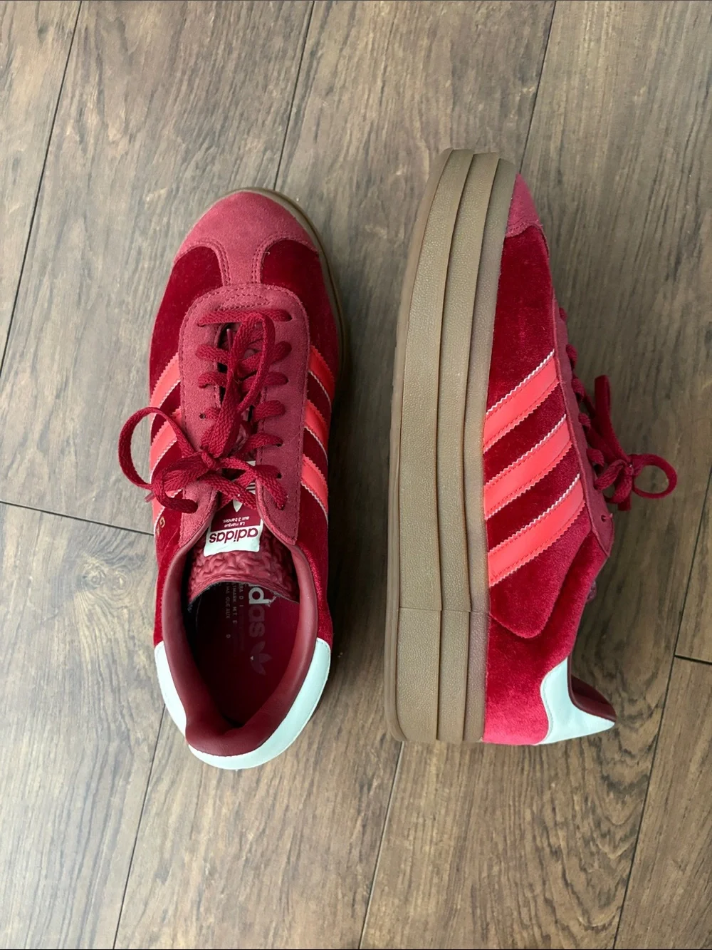 adidas Red Suede Gazelle Platform Sneakers with Coral Stripes - Picture 1 of 2